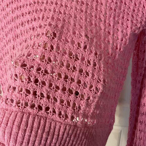 Sugar Moon Pink Open Weave Cropped Long Sleeve Short Crochet Cotton Sweater XS - Picture 2 of 7